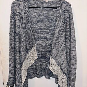 Women's Blue Open-Front Sweater with Lace Trim